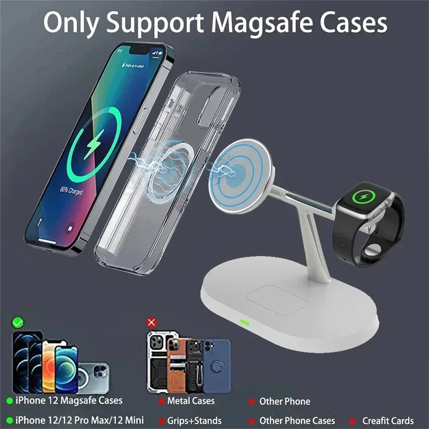 3-in-1 Magnetic Wireless Charging Station for iPhone, Apple Watch, and Airpods.